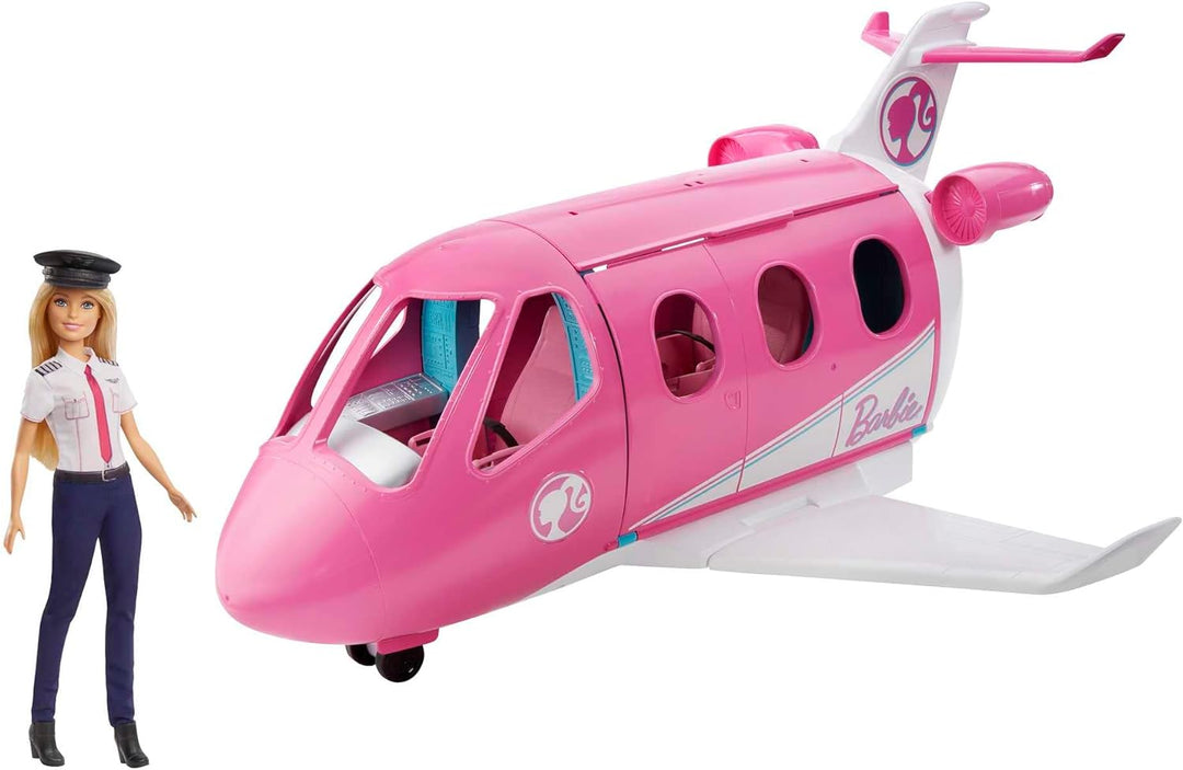 Barbie Flugzeug mit Pilotin Barbie Puppe, mit beweglichen Räder und 15x Barbie Zubehör inkl. Haustie