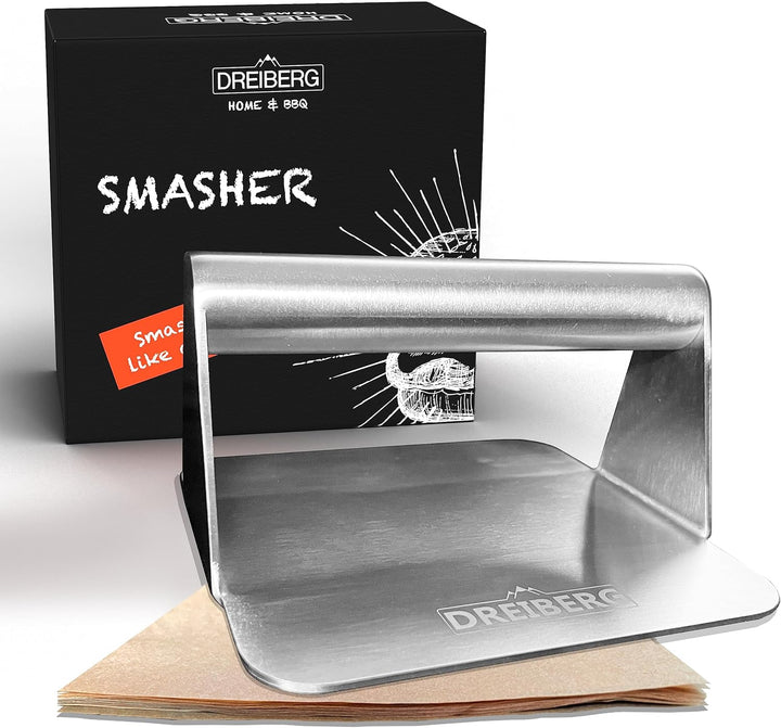 DREIBERG® Grillpresse Set inkl. Burgerpapier – Burgerpresse Edelstahl für Smash Burger. Burger Smash
