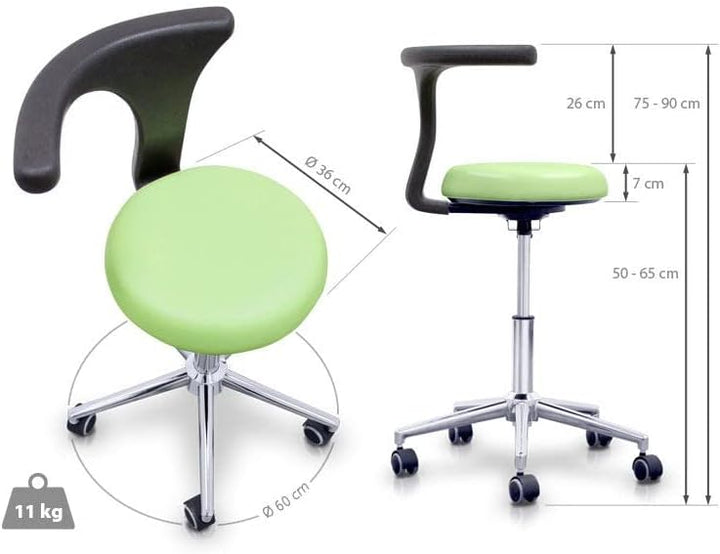 QUIRUMED Professioneller ergonomischer Hocker mit Rückenlehne, hellblau, Gestell aus Edelstahl, Kuns