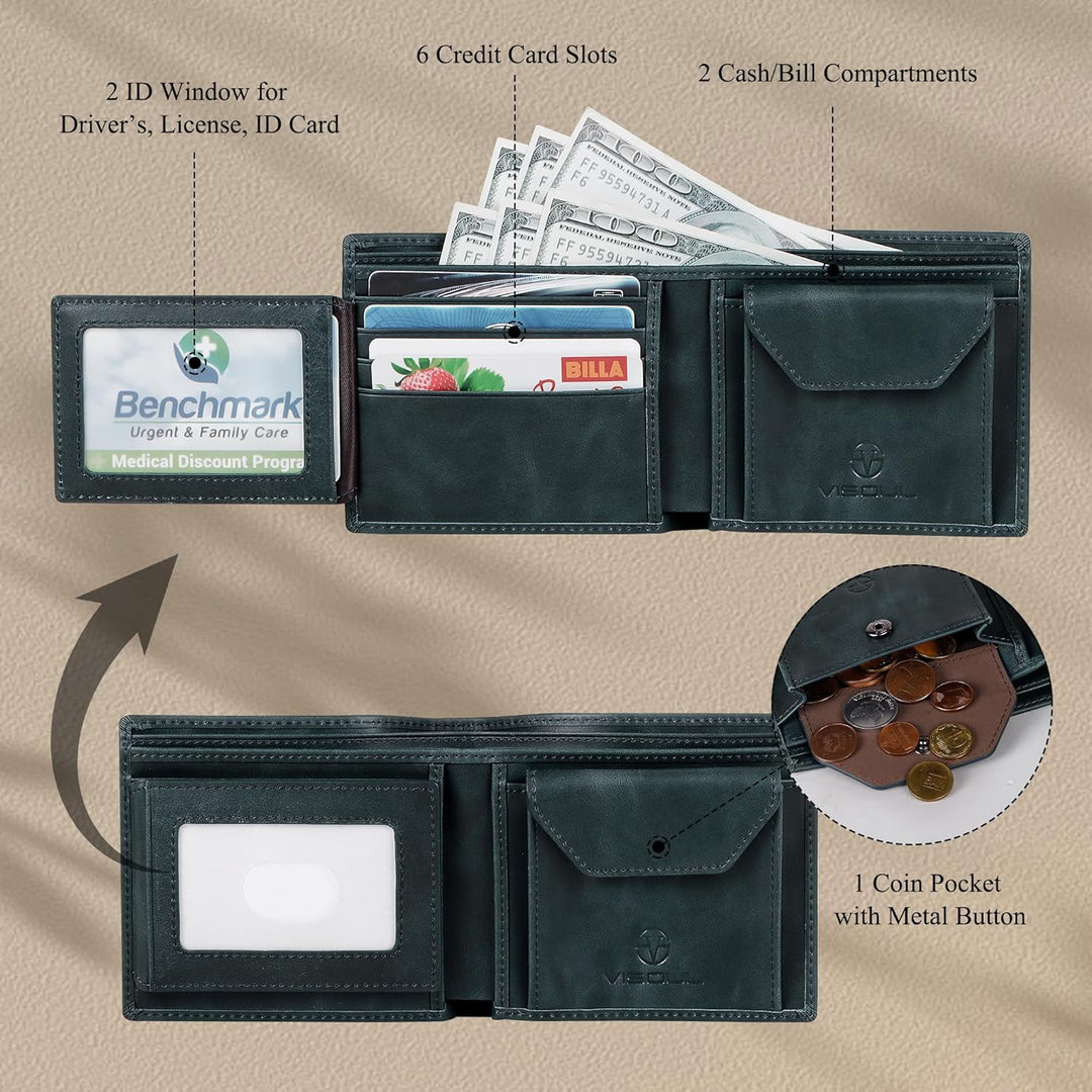 VISOUL Leder Geldbörse Herren mit ID-Fenster/Münzfach & RFID Schutz I Echtleder Geldbeutel für Männe