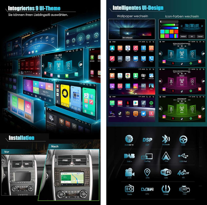 Erisin 8-Kern 4GB + 64GB Android 12 Autoradio mit GPS Navi Für Mercedes A/B Klasse W245 W169 Sprinte