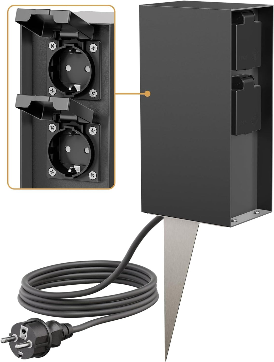 ledscom.de Garten-Steckdosen-Säule POMI mit Erdspiess und 2m Kabel für aussen, IP44, 4-Fach, anthraz