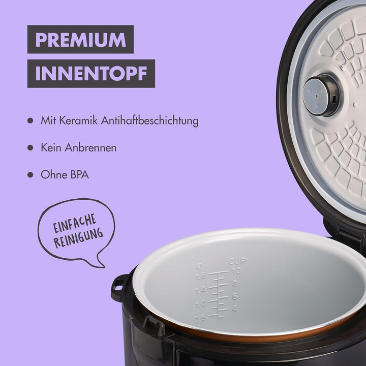 REISHUNGER Reiskocher & Dampfgarer mit Keramikbeschichtung, Schwarz, 1,8L - bis zu 10 Portionen - Sc