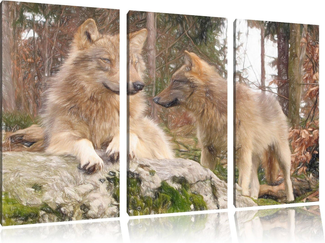 Pixxprint Wölfe im Wald als Leinwandbild/Grösse: 3 Teilig (120x80) / Wandbild/Kunstdruck/fertig besp
