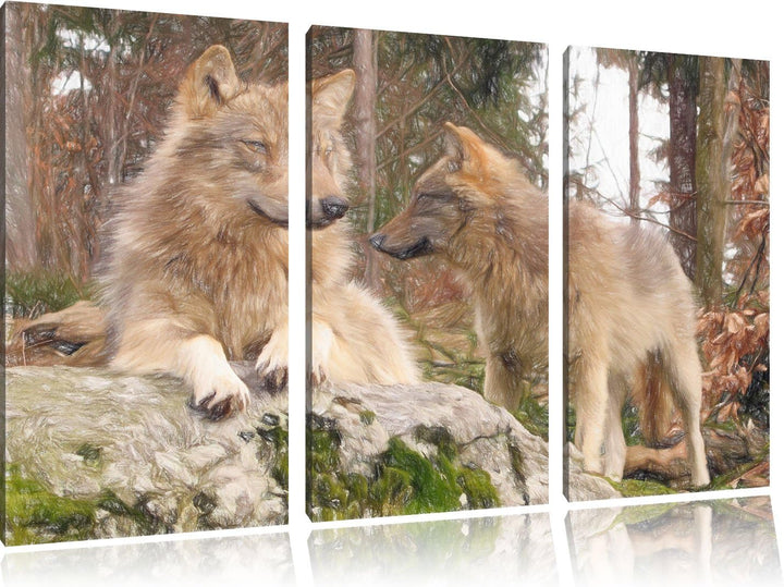 Pixxprint Wölfe im Wald als Leinwandbild/Grösse: 3 Teilig (120x80) / Wandbild/Kunstdruck/fertig besp