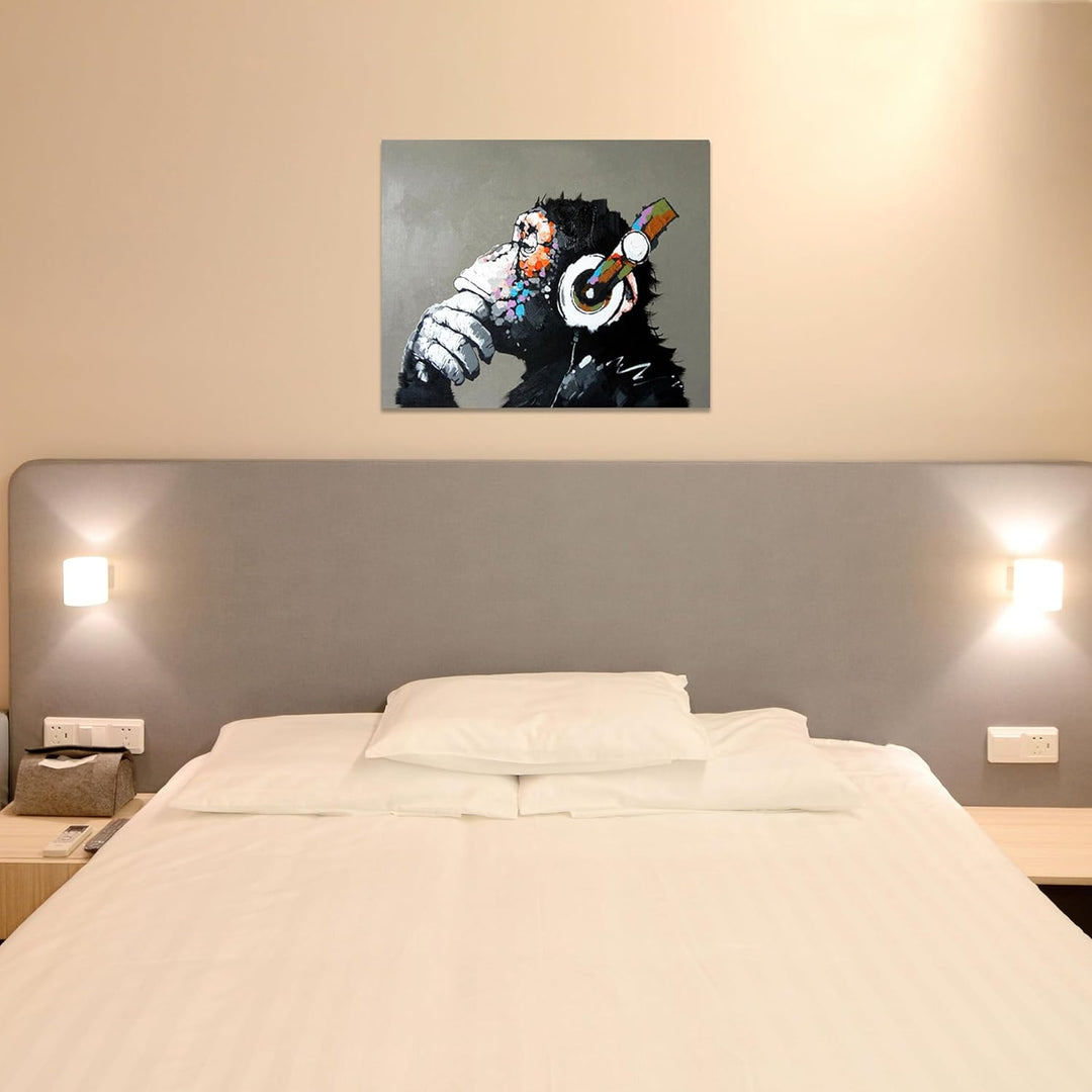 Fokenzary Handgemaltes Ölgemälde auf Leinwand Pop Art Putziger Schimpanse hört Musik mit Kopfhörer m