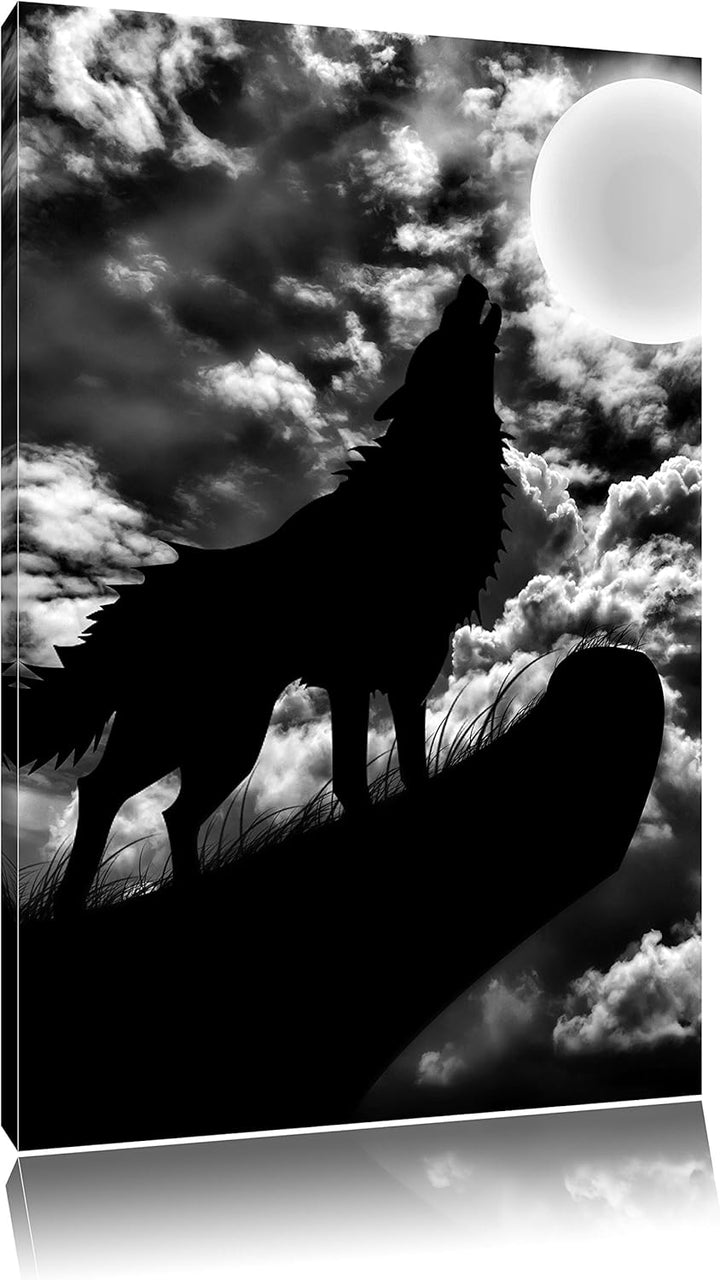 Pixxprint Wolf im Mondschein als Leinwandbild | Grösse: 100x70 cm | Wandbild | Kunstdruck | fertig b