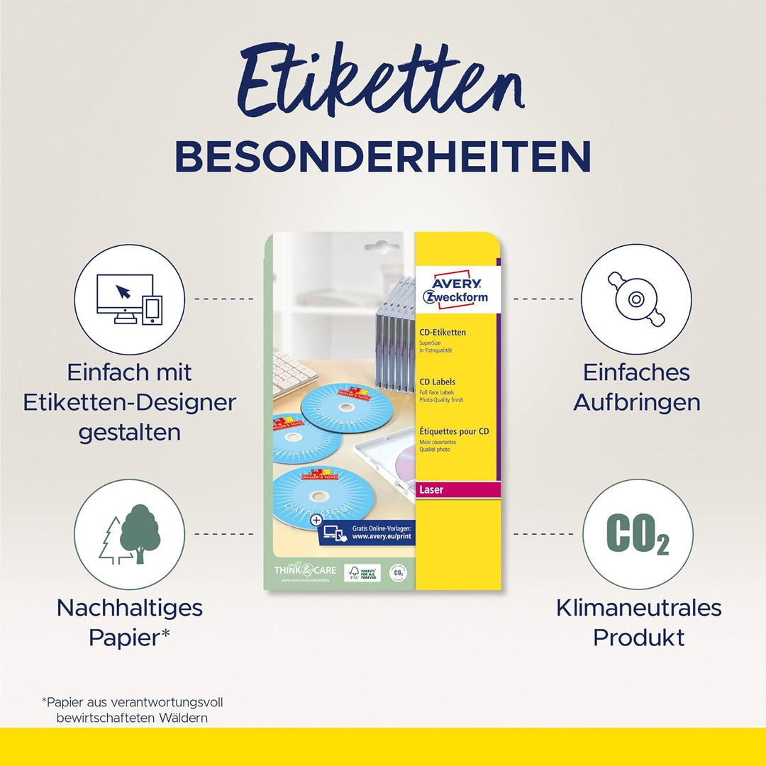 AVERY Zweckform L7760-25 selbstklebende CD-Etiketten (50 blickdichte CD-Aufkleber, Ø 117mm auf A4, S