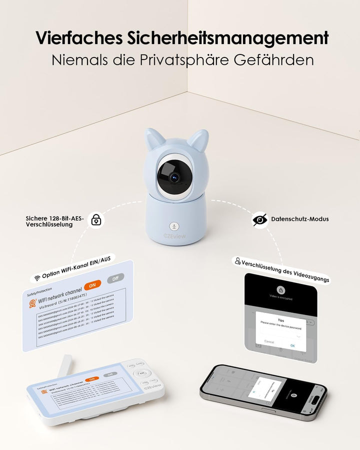 CZEview BM6 Babyphone mit Kamera 2K & 4X Zoom, 5.5" HD WLAN Video Babyfon mit App, Nachtsicht, Beweg