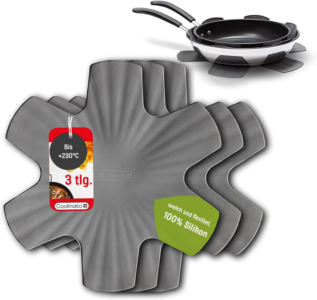 Coolinato 3er Set Pfannenschoner aus Silikon, 35 cm, grau, Topfuntersetzer, Pfannenschutz Stapelschu