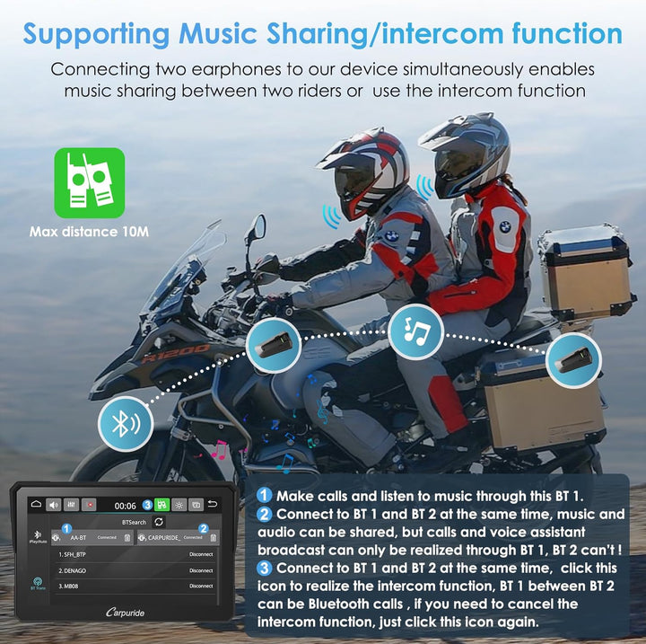 Carpuride W702B Pro Motorrad-Carplay-Bildschirm mit Halterung für BMW-Motorräder, Kabelloses CarPlay