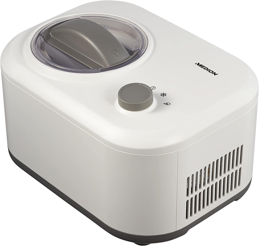 MEDION Eismaschine mit Kompressor (Eiscremebereiter, 1 Liter, 100 Watt, Aluminium Behälter, Zubereit
