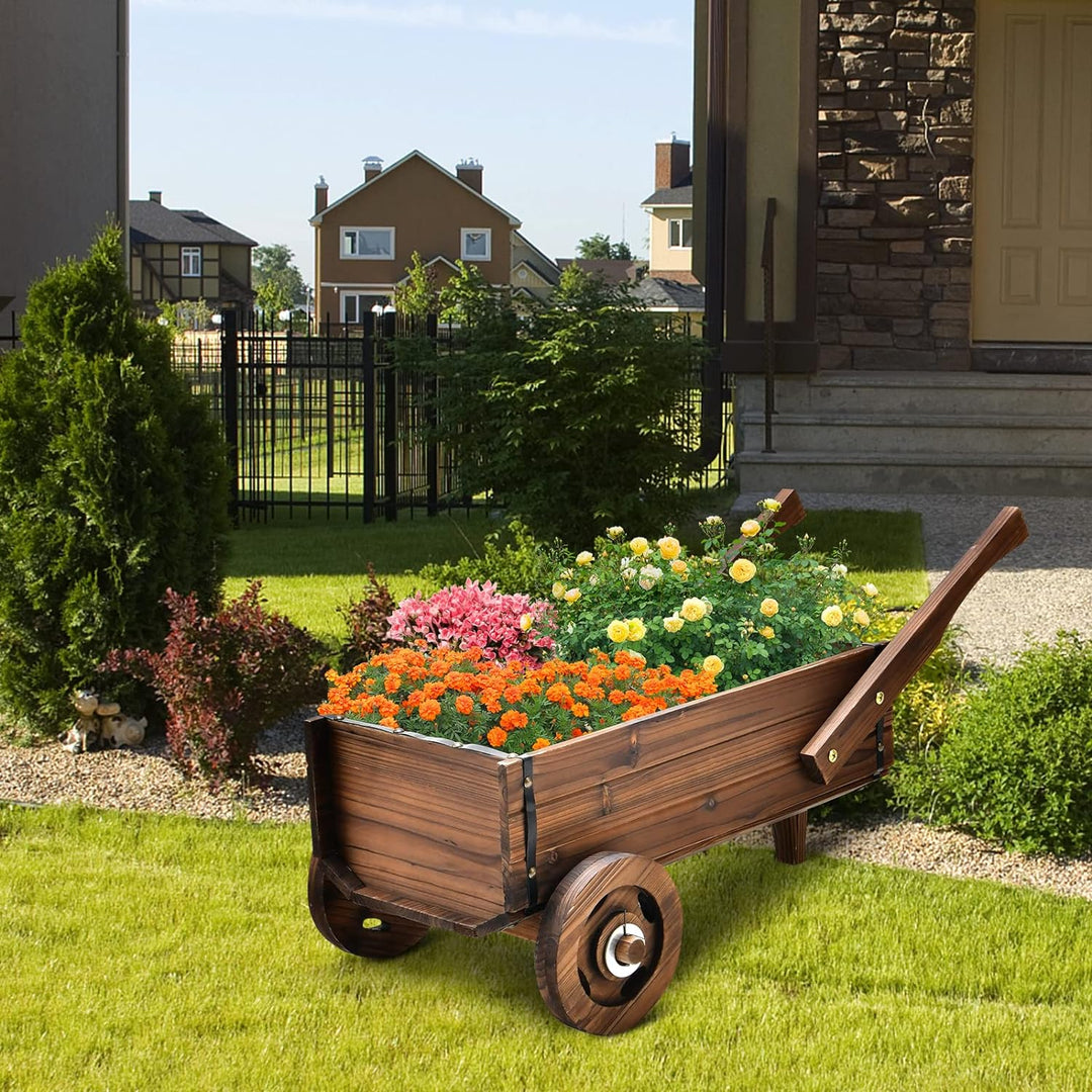 COSTWAY Blumenwagen Holz, Pflanzwagen mit Rädern und Griffen, Blumenkarre mit Abflussloch, Pflanztop