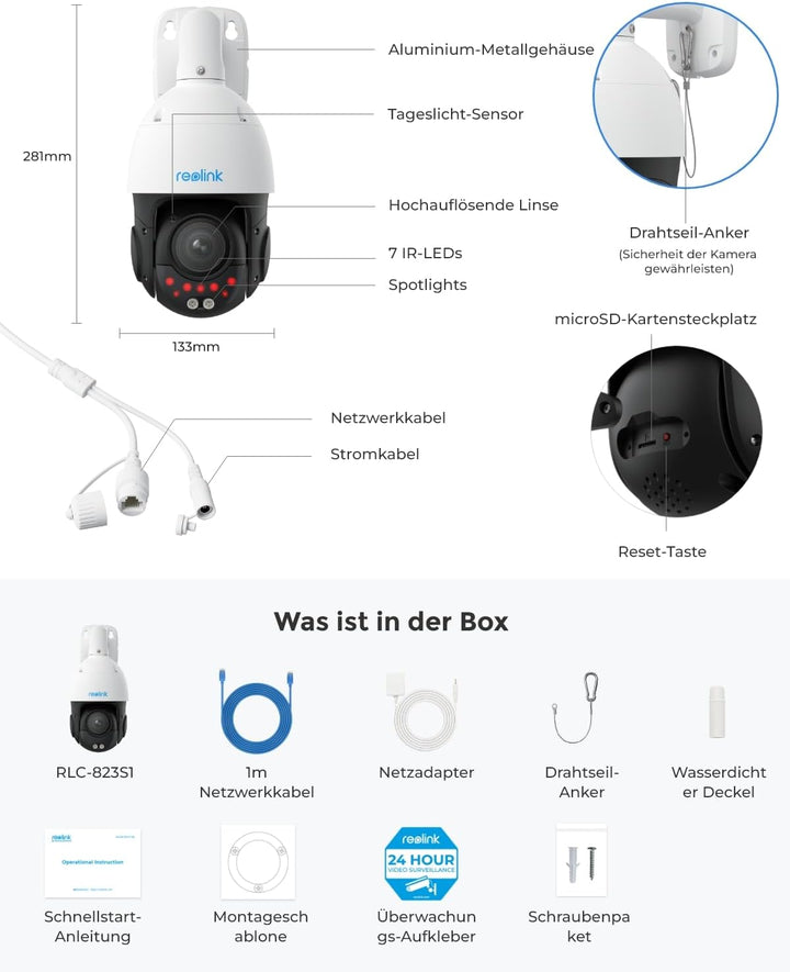 Reolink 4K 8MP UHD PTZ Outdoor Überwachungskamera PoE mit 5X 3D optischem Zoom, Auto-Tracking, Farbn