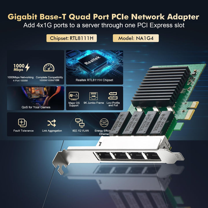 Binardat 4 Port Gigabit PCIe Netzwerk Adapter, Realtek RT8111H Controller 1000/100Mbps Ethernet LAN
