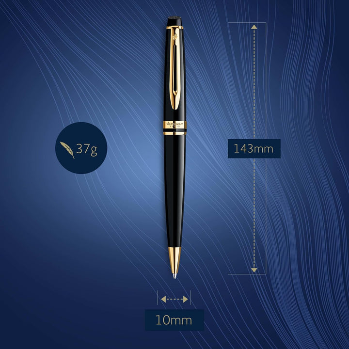 Waterman Expert Kugelschreiber | Hochglänzend Schwarz mit Zierteile aus 23 K Gold | Mittlere Spitze