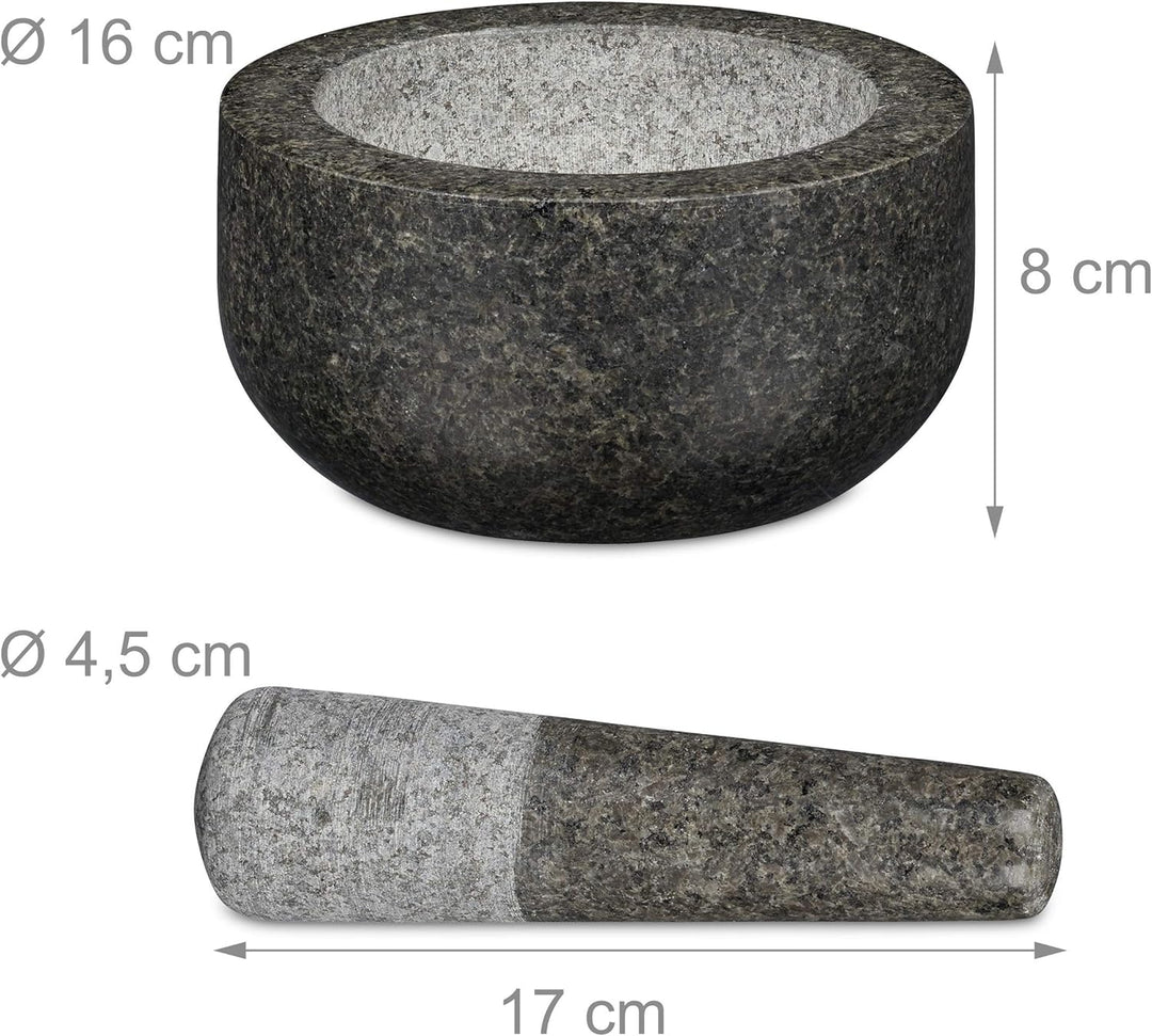 Relaxdays Granit Mörser mit Stössel, robust & langlebig, Gewürze, Kräuter, polierter Steinmörser, Ø