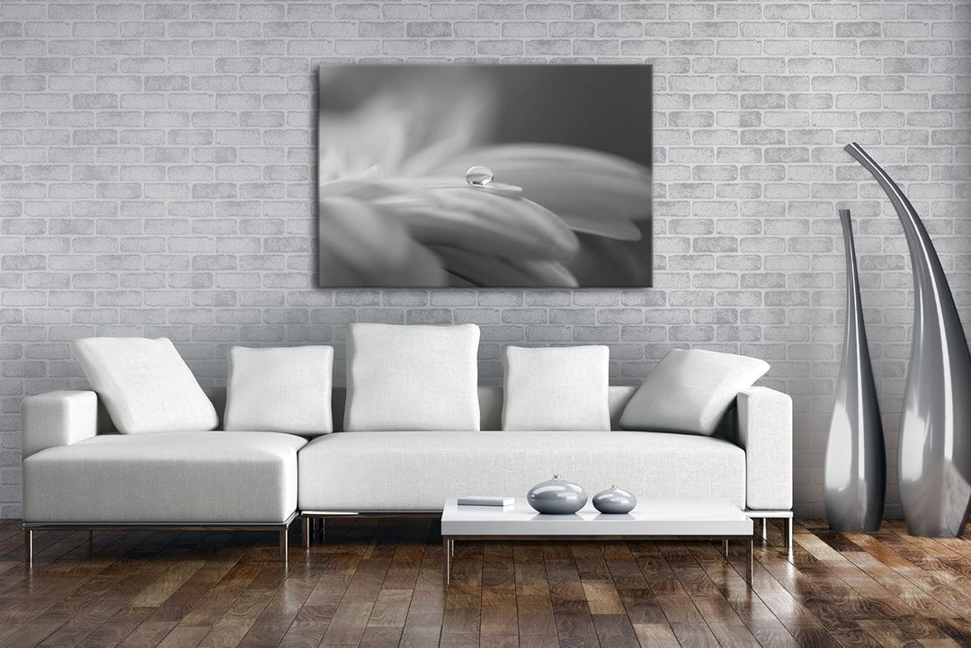 deyoli Wassertropfen auf Blauer Blume Effekt: Schwarz/Weiss im Format: 100x70 als Leinwandbild, Moti