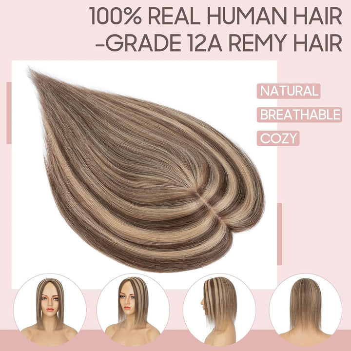 Silk-co Hair Topper Echthaar, 10x12cm Basis Toupet Damen, Haartopper Echthaar mit Remy Seide Basis,