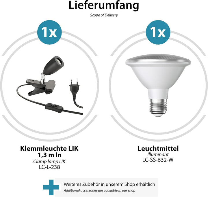 ledscom.de 2x E27 Klemmleuchte LIK, schwarz inkl. E27 PAR30 LED Reflektor-Lampe 1025lm weiss