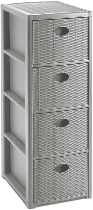 Rollbarer Schubladenschrank aus Kunststoff in Rattan-Optik mit 4 Schubladen. Masse: 30x40x81 cm. In