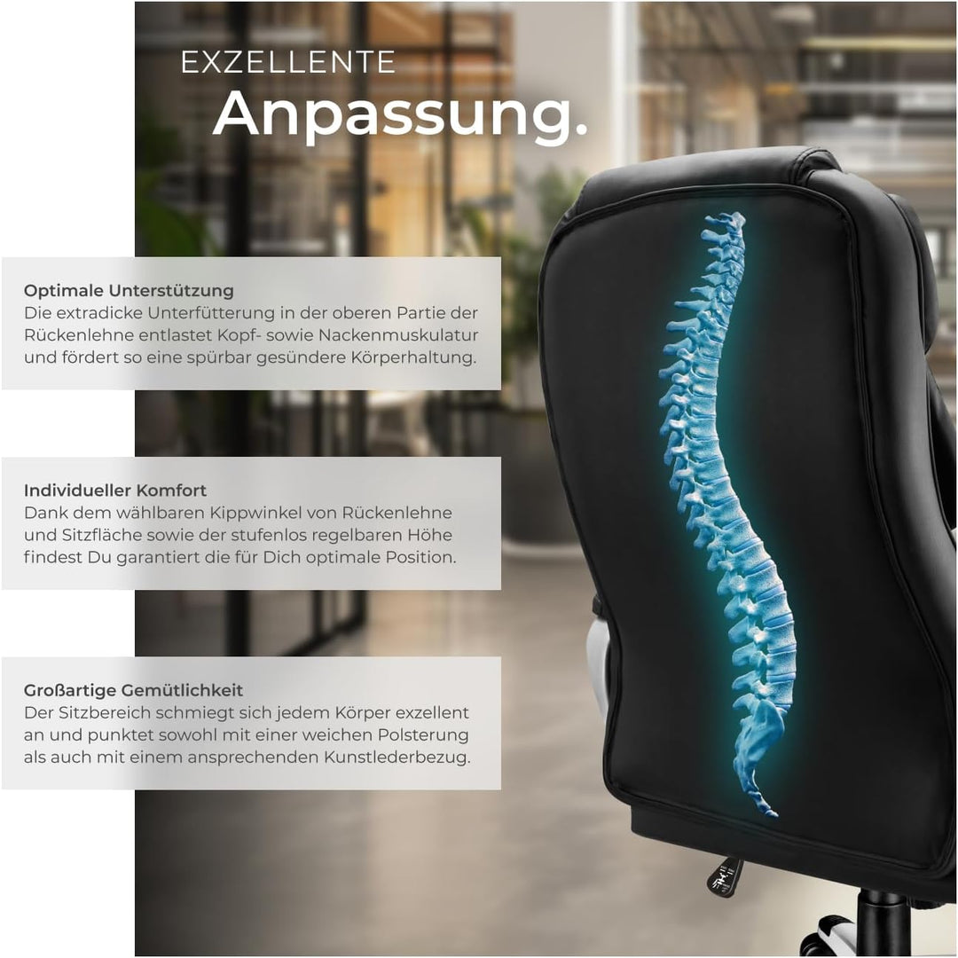 tectake® Chefsessel, Bürostuhl mit 12 cm Polsterung, Schreibtischstuhl mit Armlehnen & Wippfunktion,