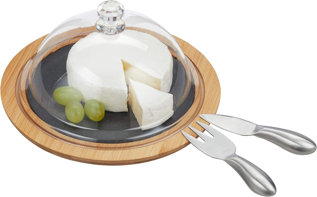 Relaxdays Käseglocke mit Käsebrett, Stahl Käsebesteck, Käsemesser, Käsegabel, Servierplatte, Bambus,