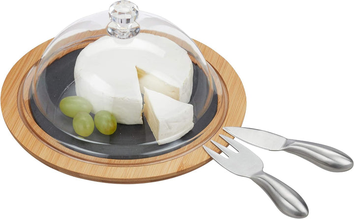 Relaxdays Käseglocke mit Käsebrett, Stahl Käsebesteck, Käsemesser, Käsegabel, Servierplatte, Bambus,