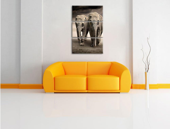 Pixxprint Zwei Elefanten in Steppe als Leinwandbild/Grösse: 3 Teilig (120x80) cm/Wandbild/Kunstdruck