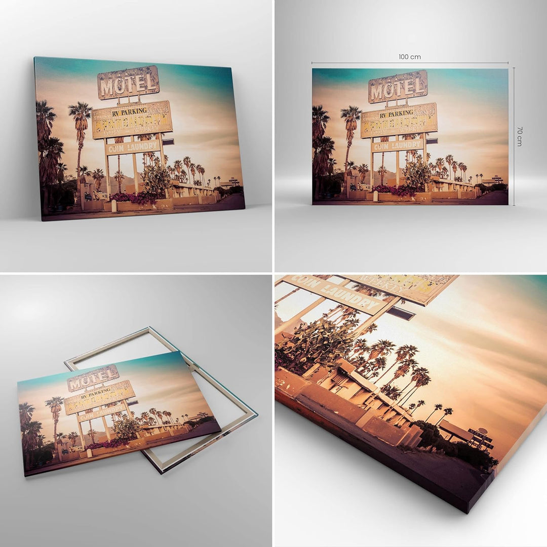 Bilder auf Leinwand 100x70cm Leinwandbild Amerika Motel Strasse Zeichen Gross Wanddeko Bild Schlafzi