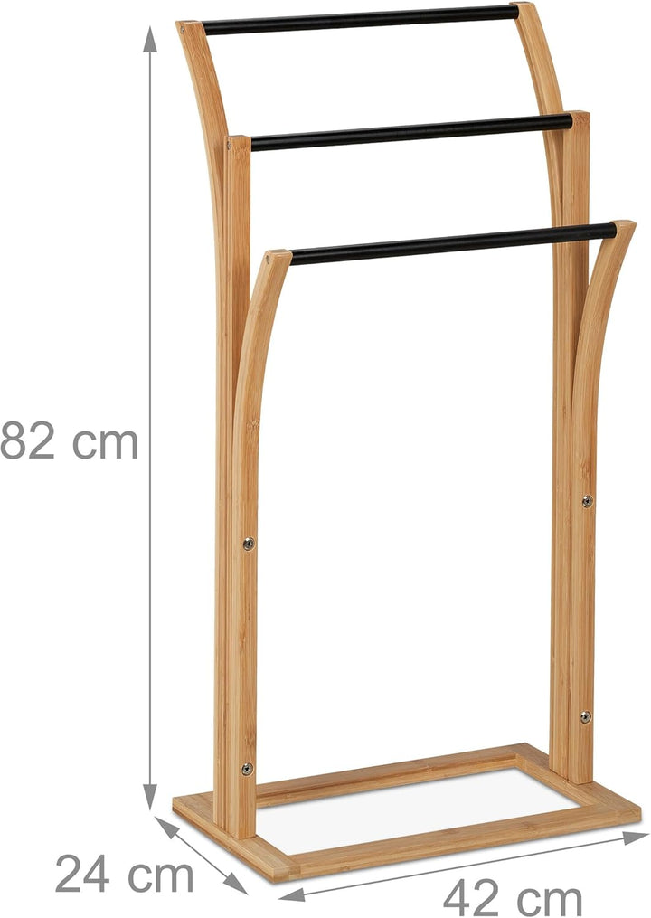 Relaxdays Handtuchhalter, Bambus, 3 versetzte Stangen, H x B x T: 82 x 42 x 24 cm, Handtuchständer B