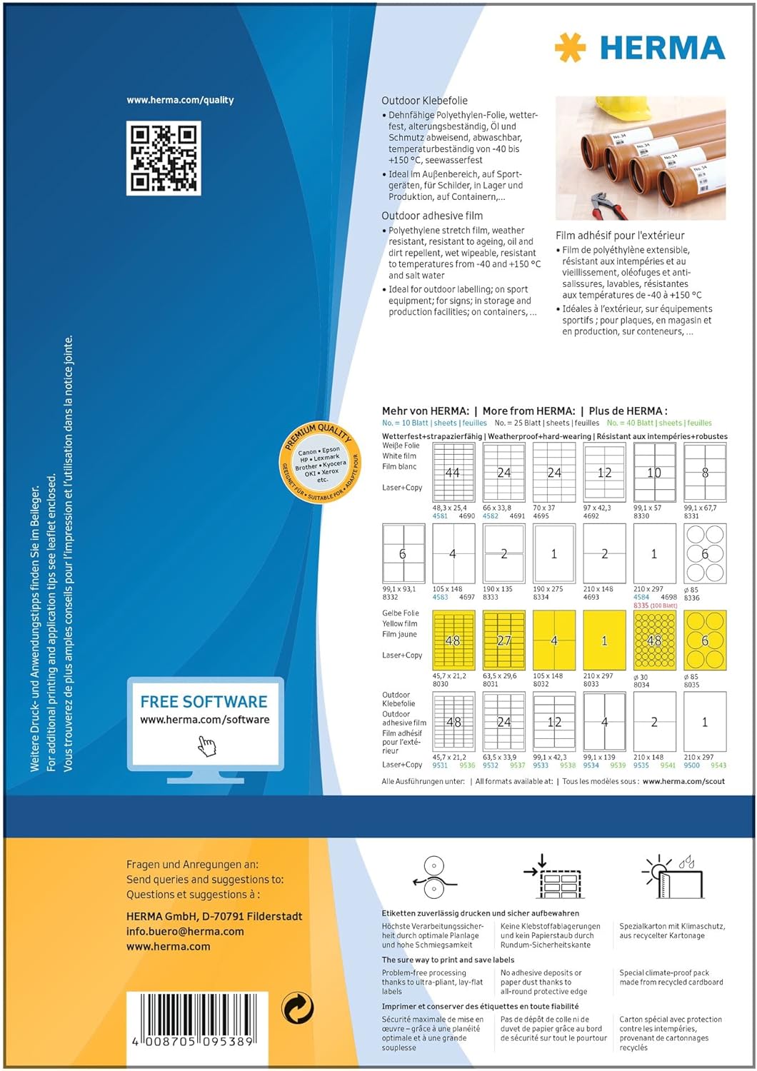 HERMA 9538 Wetterfeste Folienetiketten, 40 Blatt, 99,1 x 42,3 mm, 12 Stück pro A4 Bogen, 480 Aufkleb