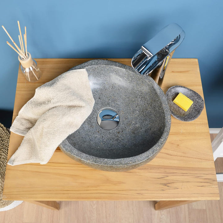 Naturstein Waschbecken grau oval 30 cm von WOHNFREUDEN - Unikat Badezimmer Flussstein Waschbecken Au