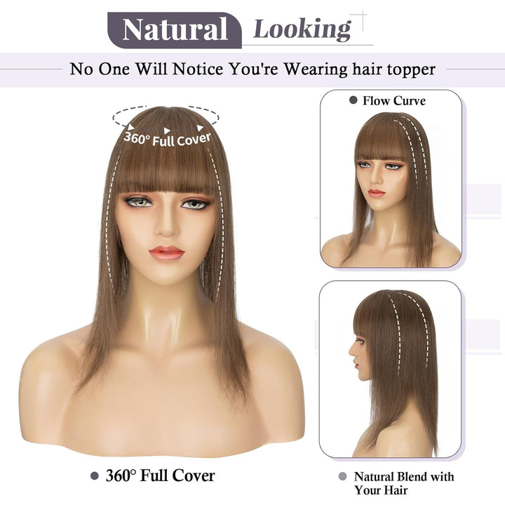 TESS Hair Topper Echthaar Braun, 7x13cm Basis Toupet Damen #4 Braun mit Pony Haartopper Echthaar 53g