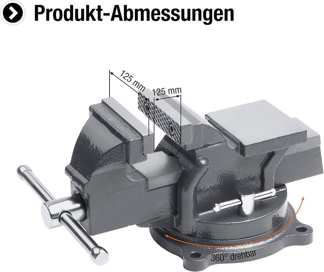 Meister Schraubstock - Drehbar - 125 mm Spannweite - Hochwertige Stahlbacken - Sicheres Fixieren von