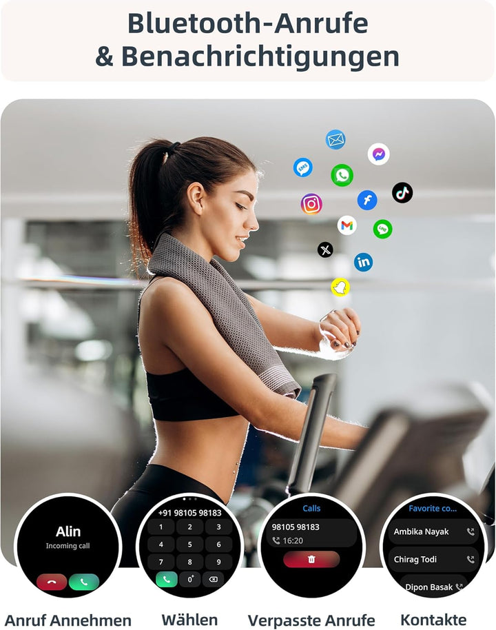 Smartwatch Damen mit Telefonfunktion, 5ATM Wasserdicht Schwimmuhr, 44 mm Fitnessuhr Damen mit 100+ S