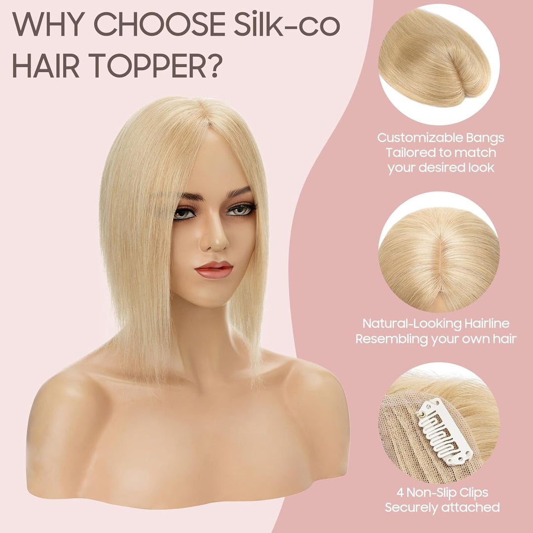 Silk-co Hair Topper Echthaar, 10x12cm Basis Toupet Damen, Haartopper Echthaar mit Remy Seide Basis,