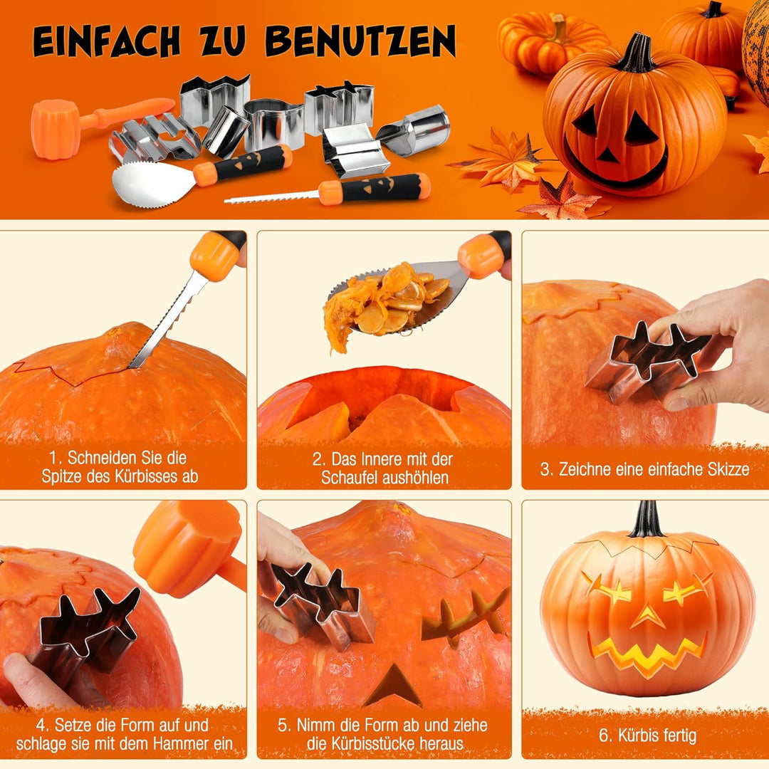 HAUSHOF Halloween Kürbis Schnitzset 23-tlg., Kürbis Schnitzwerkzeuge mit Hammer und 20 Formen, DIY H