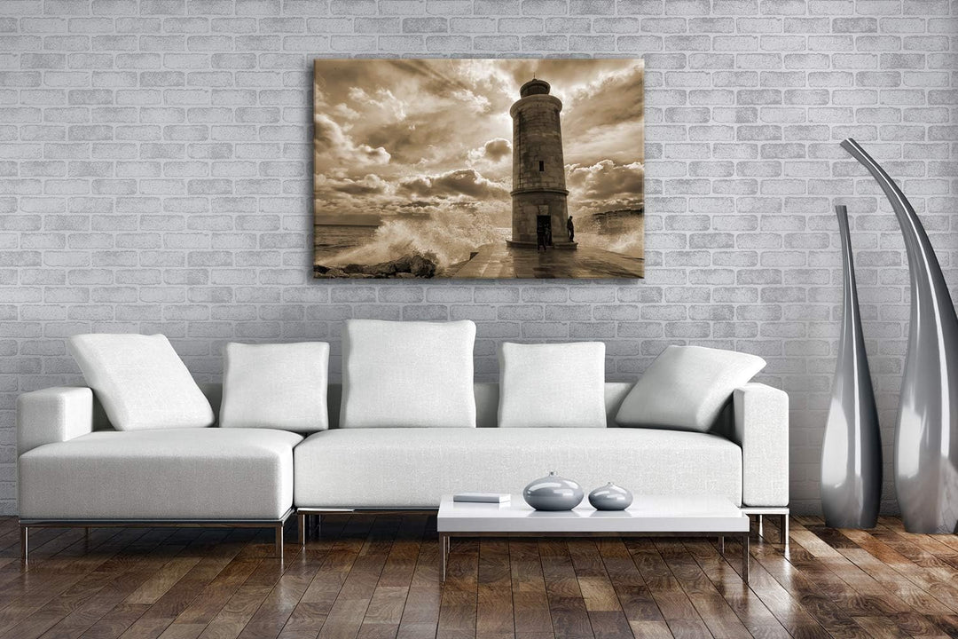 deyoli Leuchtturm in der Brandung Format: 100x70 Effekt: Sepia als Leinwand, Motiv fertig gerahmt au