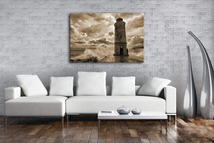 deyoli Leuchtturm in der Brandung Format: 100x70 Effekt: Sepia als Leinwand, Motiv fertig gerahmt au