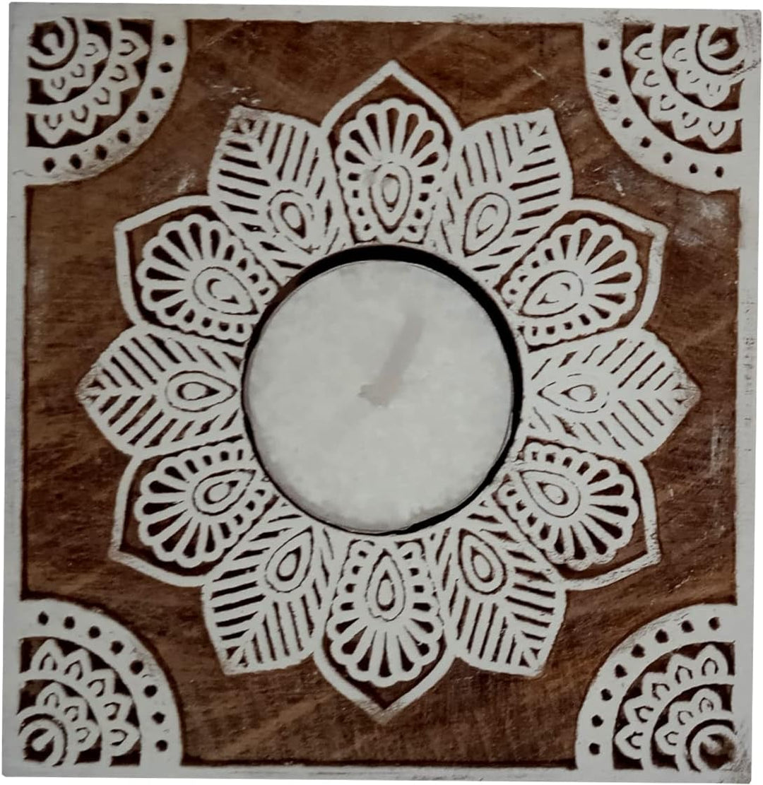 Purpledip 12509 Kerzenhalter aus Holz mit einzigartigem Rangoli-Design