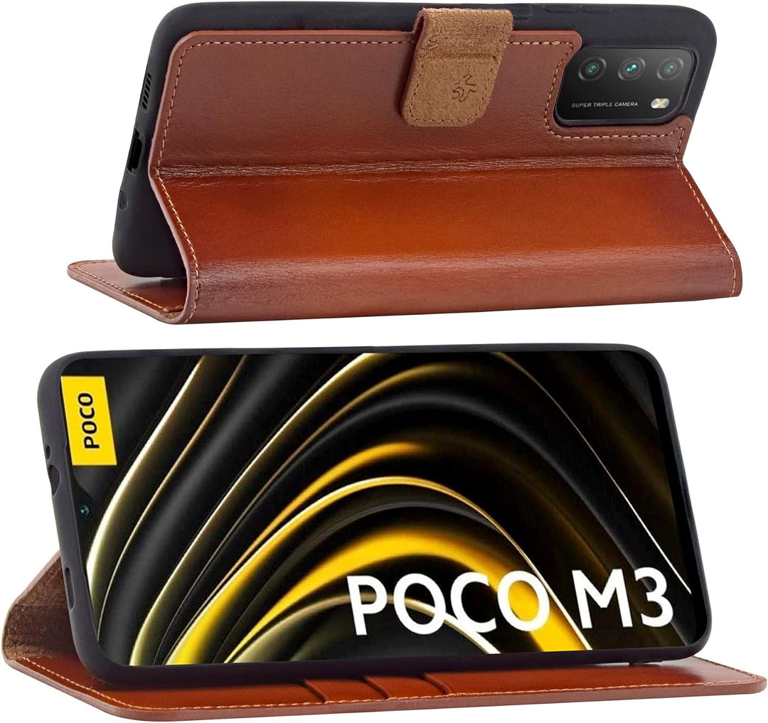 Suncase Book-Style Hülle kompatibel mit Xiaomi Poco M3 Leder Tasche (Slim-Fit) Lederhülle Handytasch