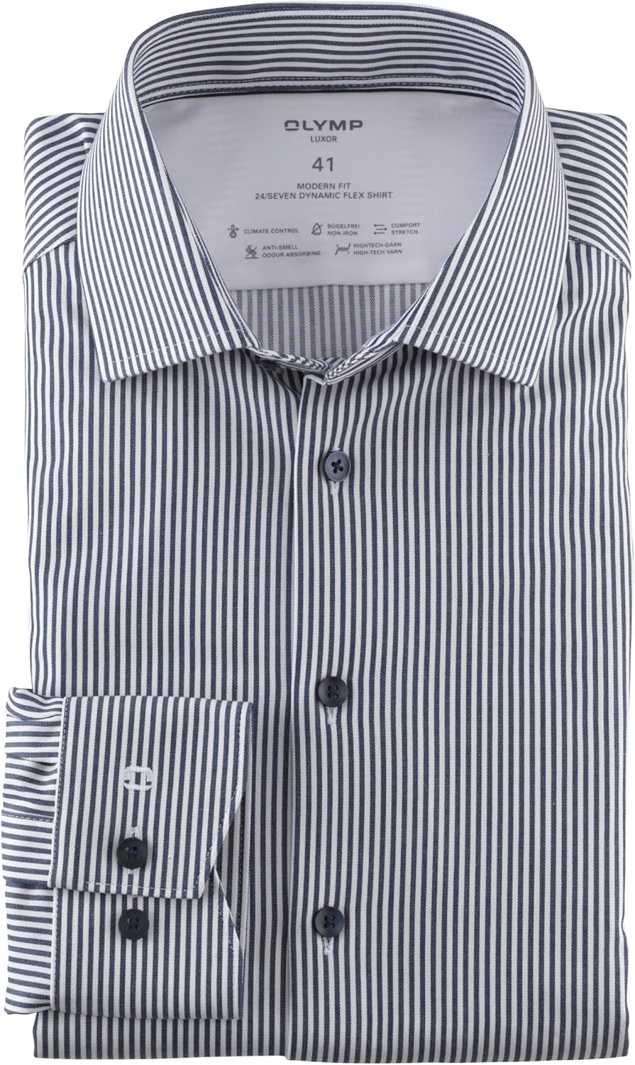 OLYMP Herren Businesshemd Langarm Luxor 24/Seven,Römer Streifen,modern fit,Global Kent 39 Dunkelblau