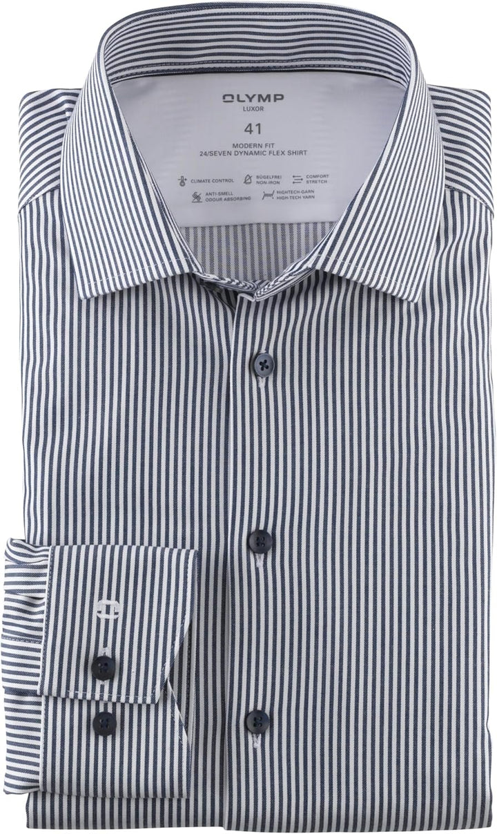 OLYMP Herren Businesshemd Langarm Luxor 24/Seven,Römer Streifen,modern fit,Global Kent 39 Dunkelblau