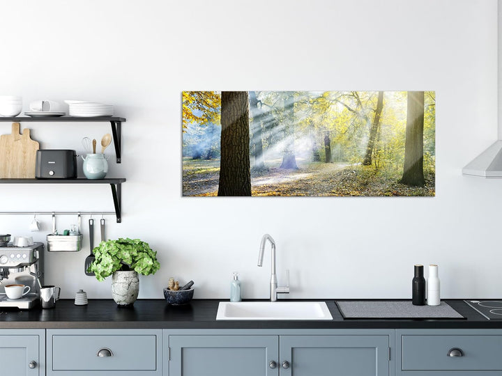 Glasbild Panorama | Wandbild aus Echtglas | Sonnenstrahlen im Wald | 100x40 cm | inkl. Aufhängung un