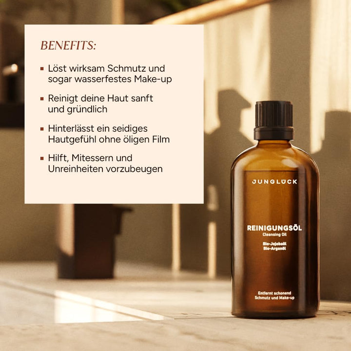 Junglück Reinigungsöl | 100 ml Cleansing Oil mit pflegendem Arganöl, Jojobalöl & Rizinusöl | Vegan u