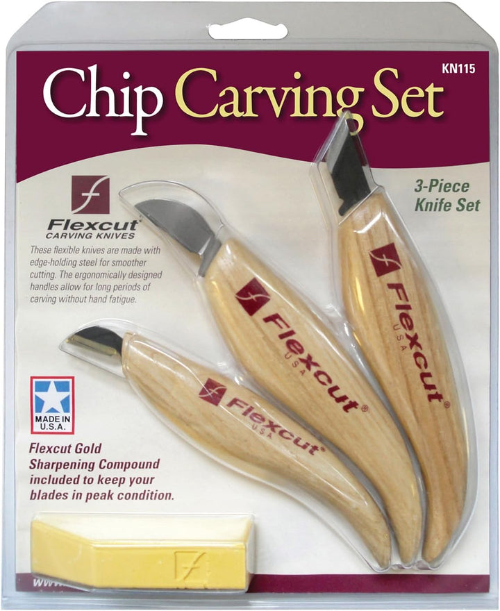 FLEXCUT KN115 - Chip Carving Set 3 Piece, Schnitzmesser, Holzgriff, Kerbschnitzmesser, Wood Carving,