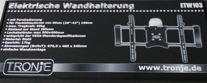 Tronje ETW103 Motor-Wandhalterung elektrische Wand-Halterung für LED LCD Plasma Bildschirme von 26"