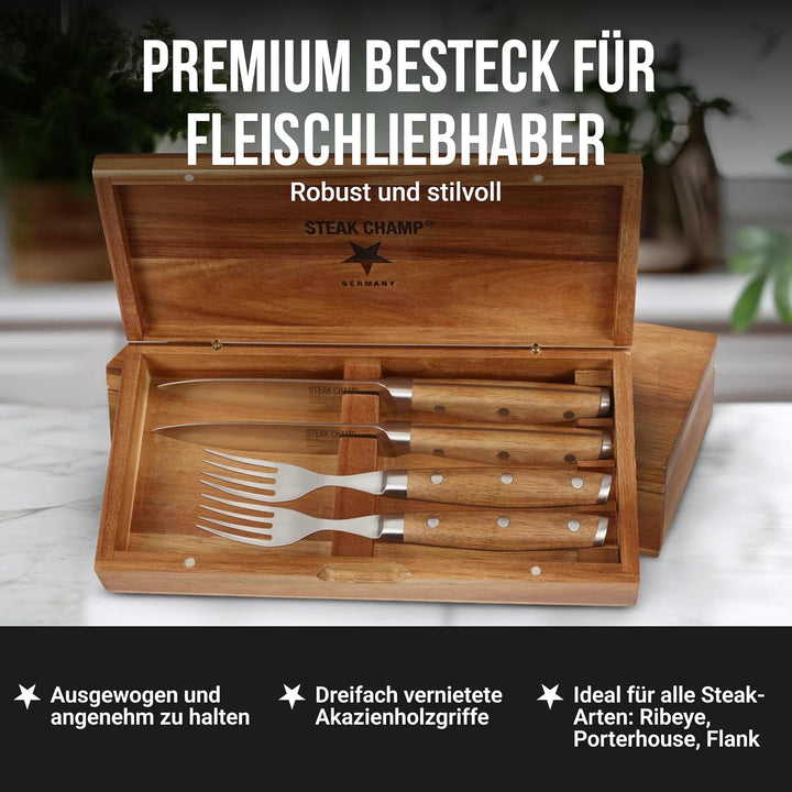 Steak Champ Fleischgabel und Steakmesser, 2 x 2 Stk.: Gabeln und Messer aus Klingenstahl, mit Mikrow