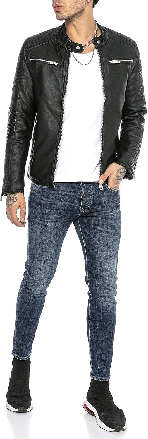 Herren Lederjacke Kunstleder Bikerjacke Übergangsjacke Brooklyn Slim Fit Schwarz M Schwarz, M Schwar